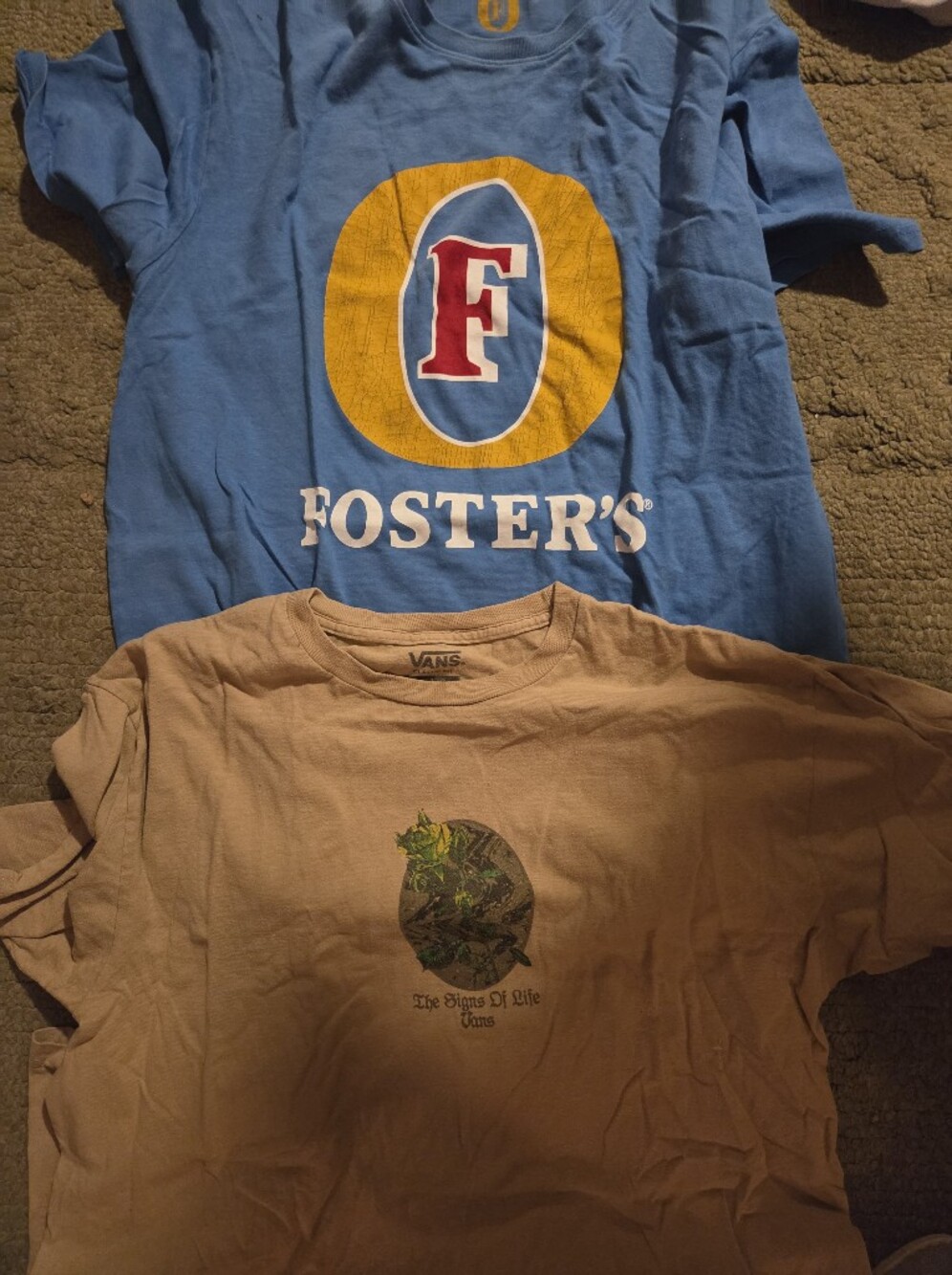 FOster Mens Short Sleeve Tee with Yellow Logo on Blue. And Vans Beige Tee.